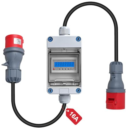 CPROSP 3 Phasen Mobiler Stromzähler 16A 400V, Digitaler Stromzähler Mit CEE Stecker und Kupplung, Drehstromzähler Mit Rückstellfunktion, 3m Kabel, für Wohnwagen, Elektrofahrzeuge, Camping, IP65