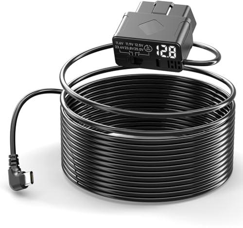 Hoembpn 3.5m Câble d'alimentation OBD Type C Voiture pour Caméra avec LED Voltmètre Kit Hardwire USB C OBD2 Power Cable Chargeur Dash Cam 5V/3A(Surveillance 24 Heures/Protection Basses Tensions)