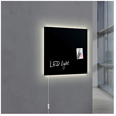 SIGEL GL400 Premium Glas-Magnettafel 48 x 48 cm mit LED-Beleuchtung, schwarz hochglänzend, SGS geprüft, einfache Montage, incl. 3 Magnete, Artverum