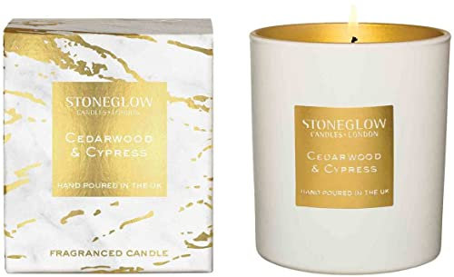 Stoneglow Luna Collection - Cedarwood & Cypress 220 Grams Scented Candle - White & Gold