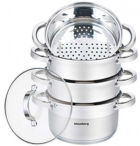 Klausberg Mantowarka Dampfkocher 18cm Set Induktion Kochtopf Dampfgarer Glasdeck (Silber, 5 Teile)