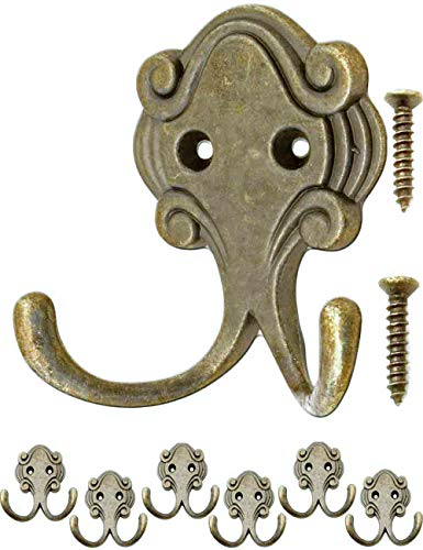 Fuxxer® – Antique Double Coat Hook Clothes Hook, Towel Hook Cast Iron Country Retro Style Design Vintage Brass Bronze | Set of 6