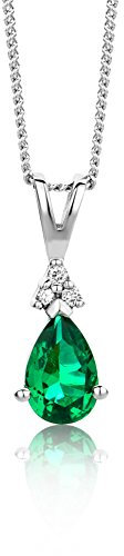 OROVI Schmuck Damen Tropfen Kette mit Ketttenanhänger Edelstein/Geburtsstein Smaragd in grün verziert mit 3 natürlichen Diamanten Brillanten klassische Halskette Weißgold 9 Karat / 375 Gold