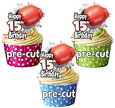 AK Giftshop PRECUT Boxing Glove - 15th Birthday - Edible Cupcake Toppers/Cake Decorations (Pack of 12)