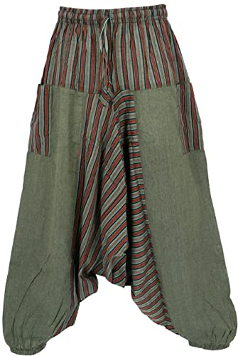 GURU SHOP Haremshose, Gestreifte Patchwork Pluderhose, Pumphose, Aladinhose - Olive, Damen, Baumwolle