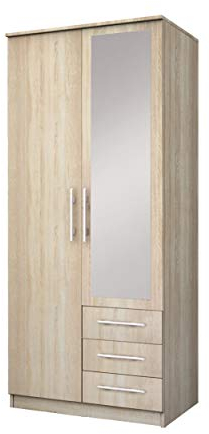 MOEBLO Kleiderschrank Falttürenschrank mit Spiegel 2-türig Schrank mit vielen Einlegeböden und Kleiderstange Gaderobe Schiebtüren BxHxT 100x210x64 - Ruth 2D (Sonoma Eiche)