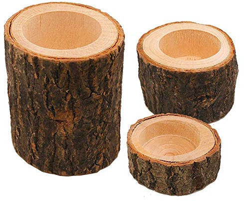 VOANZO Wooden Bark Candlestick 3 Pieces Creative Wooden Crafts Decoration Flower Plant Pot Candle Stand Holder with Bark
