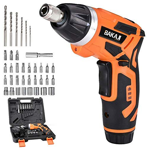 Bakaji Trapano Avvitatore Cacciavite Elettrico 3.7V 1.300mAh Batteria Ricaricabile 3,5Nm 200rpm Mandrino Magnetico Testa Girevole a 90° Luce a Led Manico con Torcia 38 Punte e Valigetta