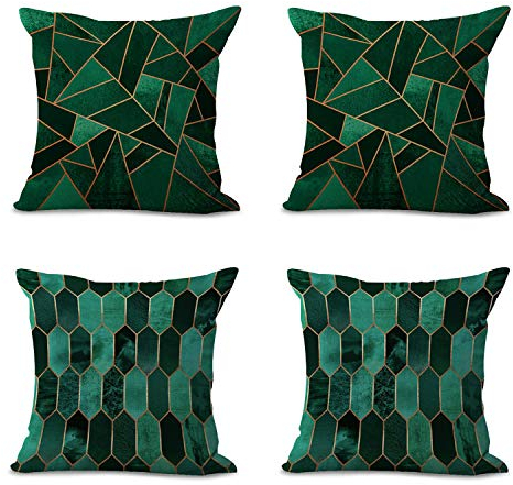 Kissenbezug mit geometrischem Mosaik-Motiv, dreieckig, rechteckig, sechseckig, rosa, grün, grau, dunkelblau 4 Stück