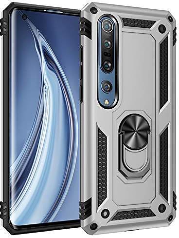 BestST Funda para Xiaomi Mi Note 10/Mi Note 10 Pro, + Protector de Pantalla,Elegante Armadura híbrida Robusta Funda de Doble Capa de Alta Resistencia para PC Duro Caso con Anillo Grip,Plata