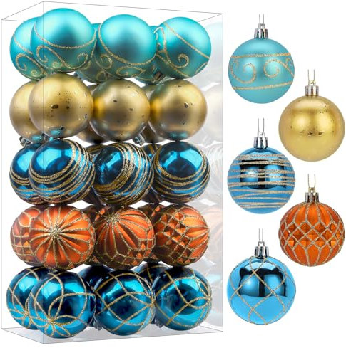 SHareconn 30 Piezas de 60 mm/2.36 de Adornos de Bola de Navidad, 5 Colores, Fiestas, Bolas de Árbol para Decoración de Vacaciones,Azul Y Dorado