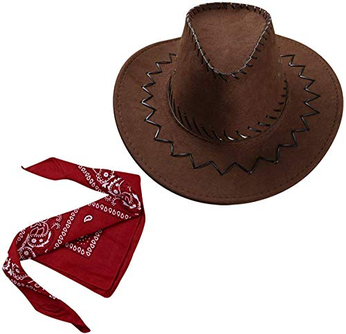Carnavalife Sombrero Cowboy Cowgirl de Vaquero con Pañuelo Bandanas Paisley de Algodón Toy Story Western Occidental Oeste Country Disfraz para Adulto y Niños (Marrón, Adulto/58cm)