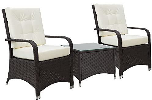 Outsunny 3 Pieces Rattan Bistro Set with Furniture Cover, Wicker Garden Furniture Set, Glass Top Coffee Table and Chairs with Cushions for Outdoor, Patio, Balcony, Cream White
