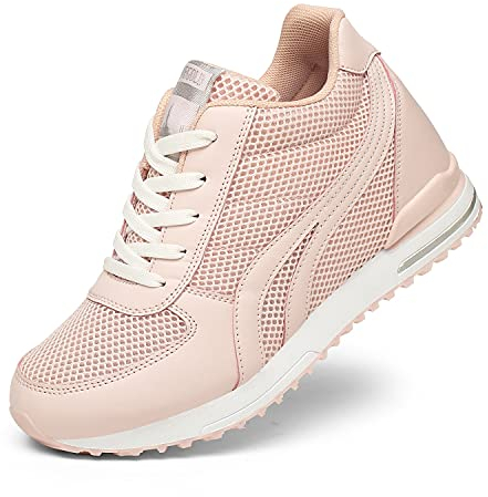 AONEGOLD Sneakers Zeppa Interna Donna Scarpe da Ginnastica Basse Sportive Fitness Tacco Zeppa 7 CM(Rosa,35 EU)