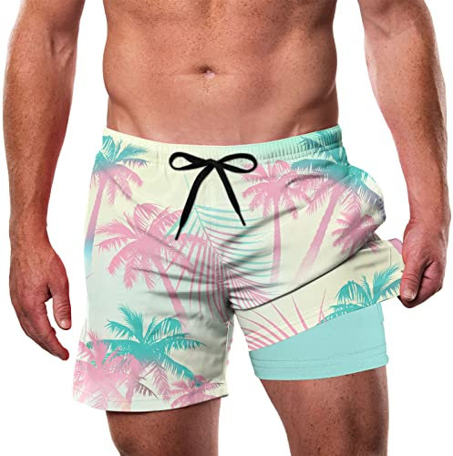 Cozople Short de bain léger pour homme avec doublure de compression 14 cm entrejambe à séchage rapide, Palmier tropical., X-Large