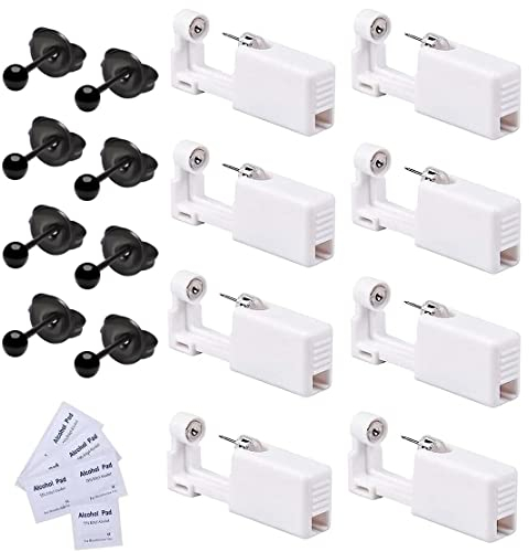 KOMUNJ 8 Stück Ohrlochstechpistole, Einweg Steril Sicherheits Ohrnasen Piercing Pistolen Kit, mit Ohrstecker, Asepsis Pierce Kit Piercing Zubehör, Schwarz 3mm