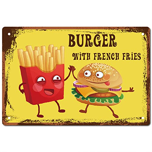 CREATCABIN Blechschilder Burger Mit Pommes Frites Metall Vintage Schild Wandkunst Dekor Plaque Poster Artwork Für Zuhause Küche Badezimmer Garten Cafés Pubs Restaurants Büro Dekoration 12x8,(5) cm