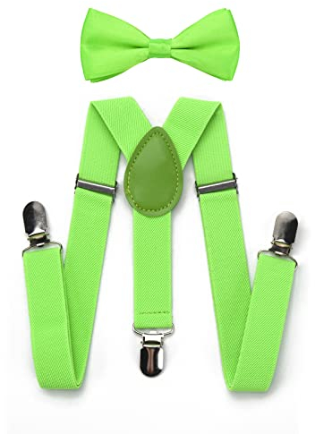 RSXING Kinder Hosenträger Fliege Sets - Jungen Hosenträger Fliege, Elastisch Y Gestalten mit Stark Clips Verstellbare Hosenträger Sets für Jungen, Kinder, Mädchen, Baby(grün)