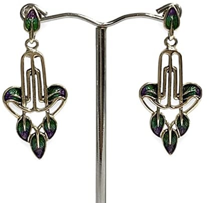 Art Nouveau Style Floral Enamel Earrings and Pendant Set 925 Sterling Silver (Earrings)