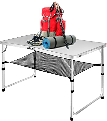 FURFIMU Adjustable Height Portable Camping Table - 4ft Folding Beach Table with Net Mesh, White Metal for Patio BBQ, Backpacking