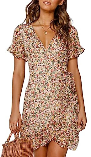 TOPLAZA Abito da Spiaggia Vestiti Donna Estivi Chiffon Stampa Scollo V Manica Corta, Multicolore, XL