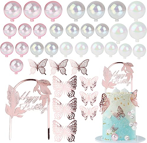 XIEJ 37 Stück Tortendeko Kugeln, Happy Birthday Tortendeko, Cupcake Topper Bubble Bunte Ball, Tortendeko Geburtstag Mädchen, DIY Cake Topper für Geburtstag Hochzeit, Roségold