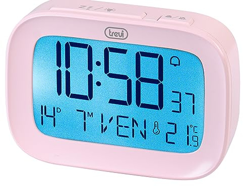 Trevi SLD 3850 Digitaler Wecker mit integriertem Thermometer, großes LCD-Display, Uhr und Kalender, Schlummerfunktion, Rosa