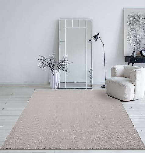 Mia´s Teppiche Taos kuscheliger Kurzflor Teppich, Anti-Rutsch Unterseite, Waschbar bis 30 Grad, Super Soft, Felloptik, Sand, 120 x 160 cm