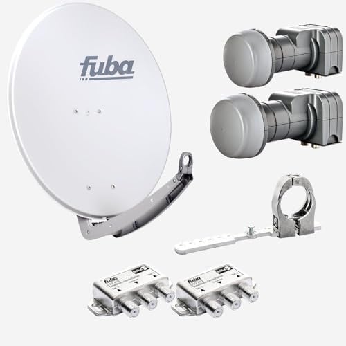 Fuba Sat Anlage 2 Teilnehmer - 2 Satelliten (z.B. Astra/Hotbird) | DAA 780 G Satellitenschüssel 80cm Alu hellgrau (Testergebnis: ausgezeichnet)* + 2X Twin LNB + Multifeedschiene + 2X DiSEqC-Schalter