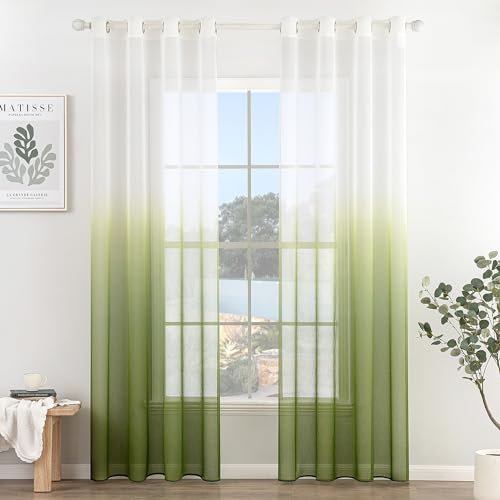 MIULEE Cortina Translúcida Visillo Gradiente Color Degradado Dos Paneles de Ojales Plateados Gasa para Ventanas Habitacion Dormitorio Cocina Sala de Estar 140x175cm Gradiente Vertical Verde Oliva