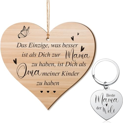 Namalu Geschenk Set Beste Oma - Du Wirst Oma Geschenk Mit Holzschild, Organzasäckchen und Beste Mama der Welt Herz Anhänger Schlüsselanhänger für Muttertag Geburtstag
