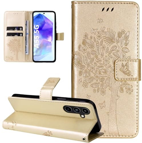 Dcjlbo Hülle für Samsung Galaxy A55 5G Handyhülle mit Kartenfach Motiv Muster Blumen Hülle Leder Klappbar Klapphülle Cover Flip Case Handytasche Magnet Schutzhülle für Samsung Galaxy A55 5G-Gold