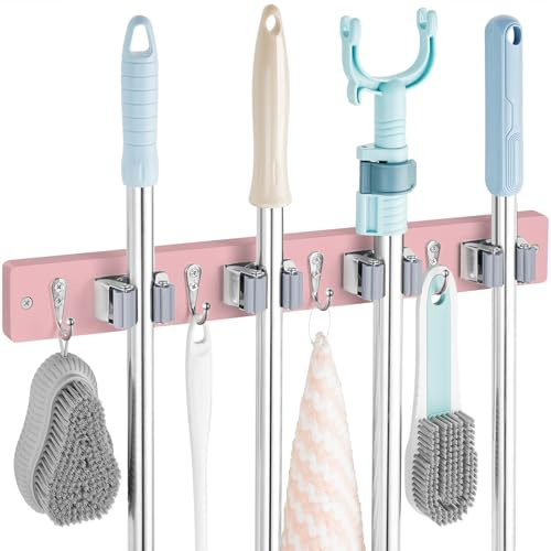 OUTNILI Besenhalter für Wischmopp, Besen, Wandhalterung mit 4 Schlitzen und 4 Haken, Holz, Besenmopp-Aufhänger für Speisekammer, Schrank, Waschküche, Küchenorganisation, rosa Küchendekoration und
