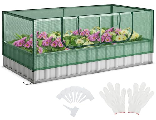 COSTWAY Mini Serre de Jardin et Lit de Jardin Surélevé 174x90x71cm, Jardinière avec Porte Enroulable 8 Étiquettes en T et Une Paire de Gants, Jardinière Rectangulaire Extérieure