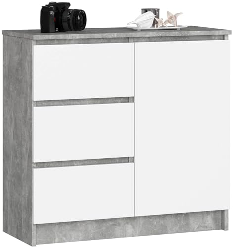 AKORD Kommode K-80 Jerry mit 3 Schubladen | Schrank mit 2 Einlegeböden und 1 Tür | Für das Wohnzimmer Schlafzimmer | Moderne | 16mm Laminierte Platte | 80x77x35 cm | Beton + Weiß Front