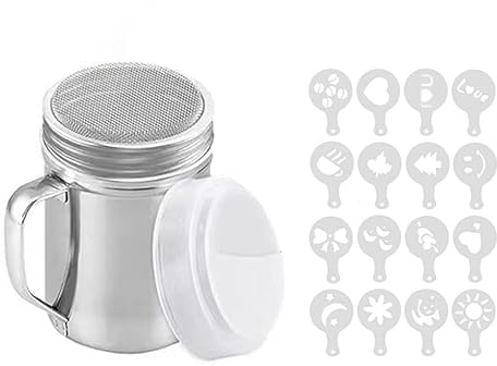 Mesh Shaker - Sifter with Lid and Handle Suger Fine Flour Duster Shaker Stainless Steel Container Sifter with 16 Coffee Stencils DIY for Sprinkling Baking Latte Coffee Coco