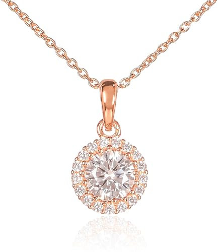 Diamond Treats Roségold Anhänger Halskette aus 925 Sterling Silber mit einem klaren Stein und einem Zirkon Rand, Rosegold-Halskette für Damen mit einem weißen Stein, Kette Rosegold für Frauen