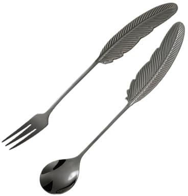 Guangcailun 2pcs Feather Shaped Spork Stylish And Practical Dining Tool With Stainless Steel Titanium Spork Metal Spork Sporks, Black
