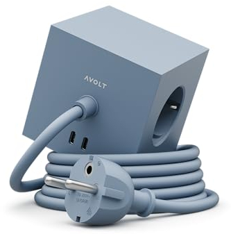 3m Mehrfachsteckdose Würfel Steckdosenleiste mit USB – Magnetfuß | Extra Langes 3m Kabel | Kompaktes Design für Schreibtisch & Zuhause | Avolt Square 1 (Shark Blue, USB-C 3m)