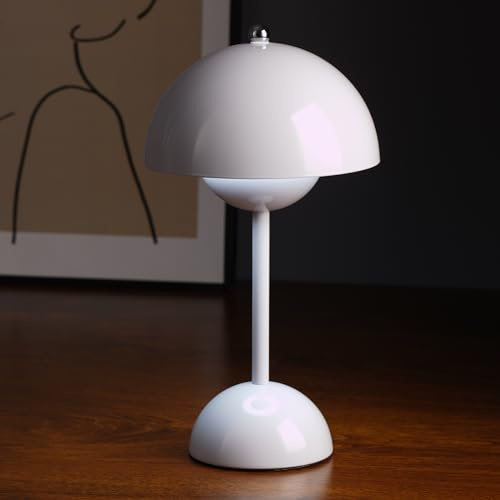 Flowerpot Mushroom Table Lamp - 3 Color Stepless Dimmable Touch, Rechargeable Portable LED, Bedside & Indoor/Outdoor Night Light (White)