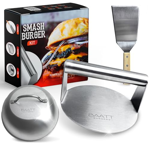 BAATT - Smash Burger Kit XL de Acero Inoxidable 304 con Certificados EU Contacto con Alimentos - Prensa Hamburguesas - Smasher - Aplastador de Hamburguesas - Kit Smash Burger