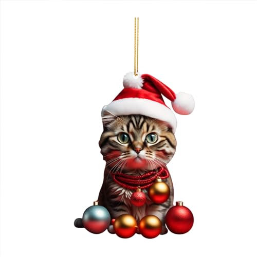 Katze Christmas Decorations Weihnachtsdeko Lustiger 2D-Acryl-Weihnachtsbaumschmuck Katze Lustiger Weihnachtsanhänger Geschenk (A,ONE Size)
