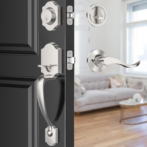 MAXECURITY Silver Front Door Handle and Deadbolt Set, Classic Lock With Satin Nickel Exterior Lever, Reversible Entry for Right & Left Handed