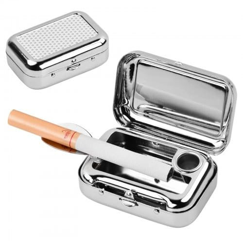 Dokeno Zigaretten Taschenascher Quadratischer Metall-Aschenbecher mit Deckel Mini Mobiler Aschenbecher für Unterwegs Reisen Wandern Freien Camping Angeln (Silver)