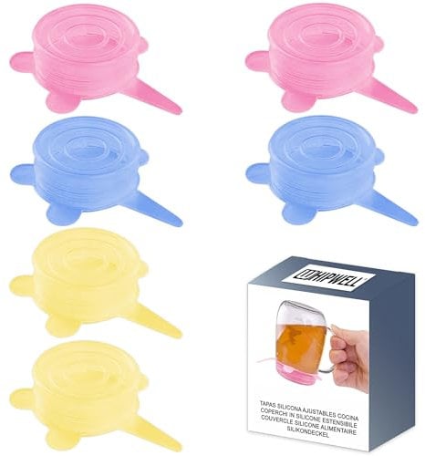 Tapas Silicona Ajustables Cocina tamaño ajustable para latas botes vasos tazas Reutilizables Sin BPA Ecologicas Resistentes a Altas y Bajas Temperaturas Apta para Lavavajillas tricolor