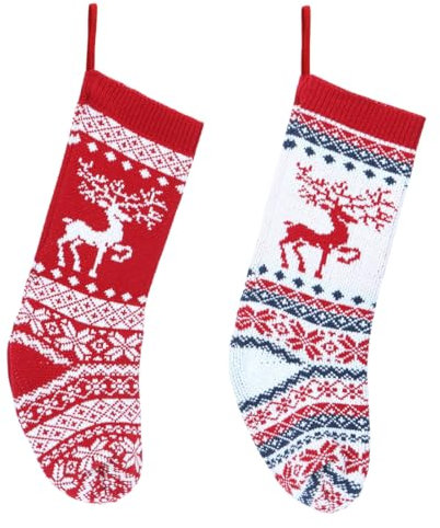 Weihnachtsstrümpfe Nikolausstrümpfe 2er,46cm Groß Gestrickt Weihnachtsstrumpf，Nikolausstiefel zum Befüllen，weihnachtssocken zum aufhängen für Kamin Weihnachtsbaum Weihnachtsdeko（Rot+Weiß Elch）