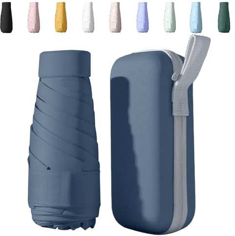Sykerout Mini Regenschirm - Kompakter Taschenschirm, Faltbarer Reise-Schirm Klein Mit Etui, UV-Schutz (Dunkelblau)