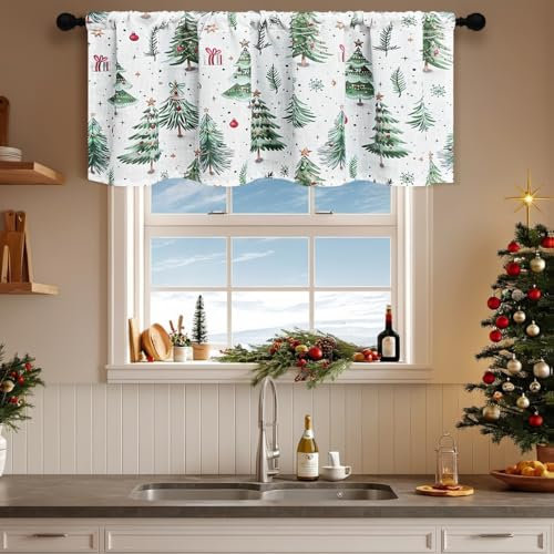 WeeQil Küchen Scheibengardinen Weihnachten Kurz Küche Modern Blickdicht Landhausstil Höhe 60 45 cm Hoch für kleine Fenster Küchenfenster Bistrogardine mit Motiv Weihnachtsbaum HxB 45x120cm
