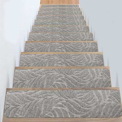 Odot Treppenstufen Matten,Stufenmatten,Belaubt Treppenteppich, Gummimatte Außenbereich, Stufenmatten Innen, 100% Polyester TPE -Rücken für Kinder, Älteste (15 Stück,Grau 1)