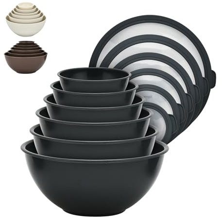 Bakken Master 12 Piece Plastic Nesting Bowls with Lids - Mixing Bowls Set includes 6 Prep Bowls and 6 Lids, BPA-Free, Reusable Meal Prep Containers, Microwave, Freezer & Dishwasher Safe, Gray